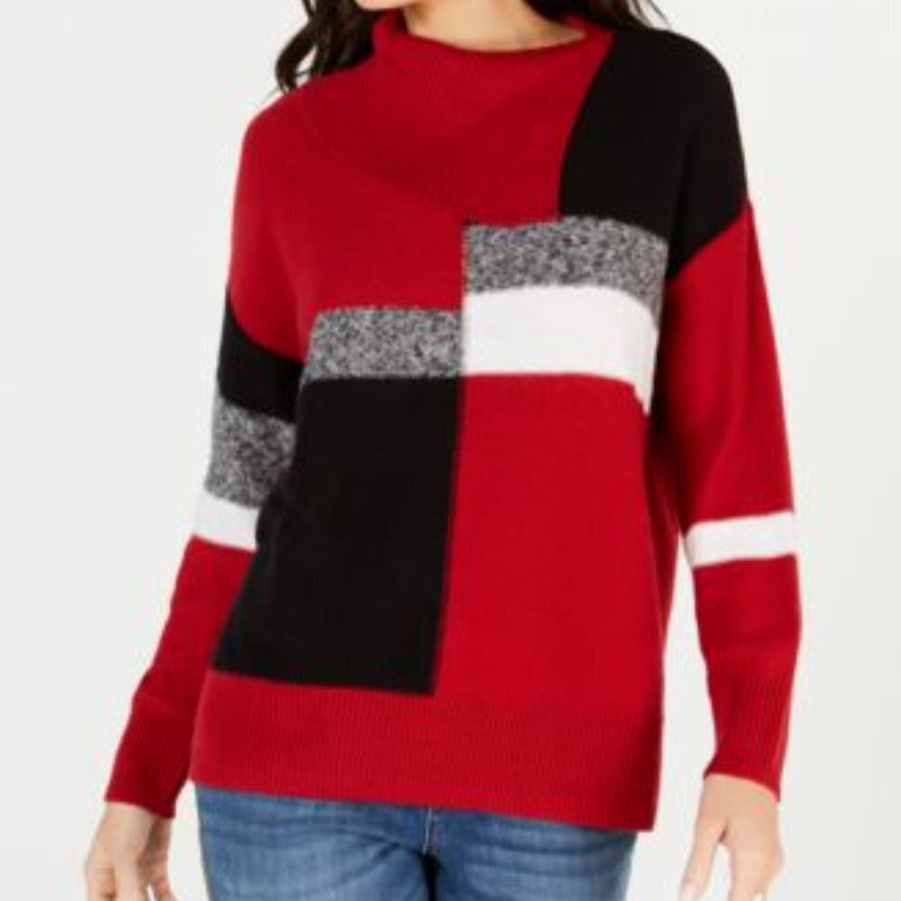 Style & Co Sweater PM Split Cowl Neck Red Black C